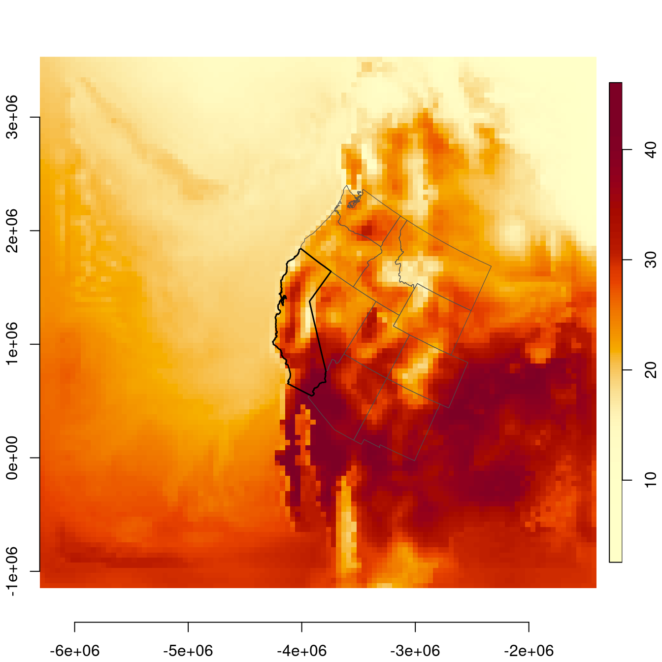 2 meter air temperature over the western US at 45 km on 1 July 2050 under CESM2 SSP3-7.0, with cool Sierra and Cascade ridges, warm Southwest deserts, and a cooler Pacific coast. California outlined in black.